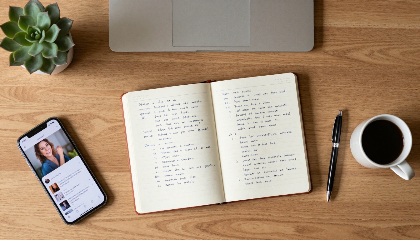 Flat-lay aerial view of a minimalist desk with notebook, smartphone, and coffee