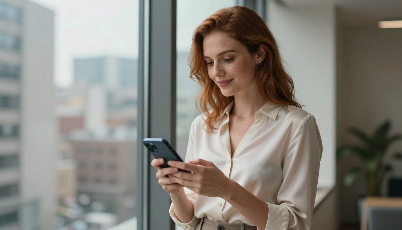 Confident woman standing at a window holding her smartphone with a pleased expression