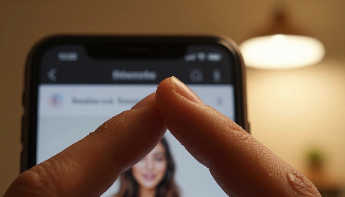 Extreme close-up of a finger hovering above a smartphone screen with social media content