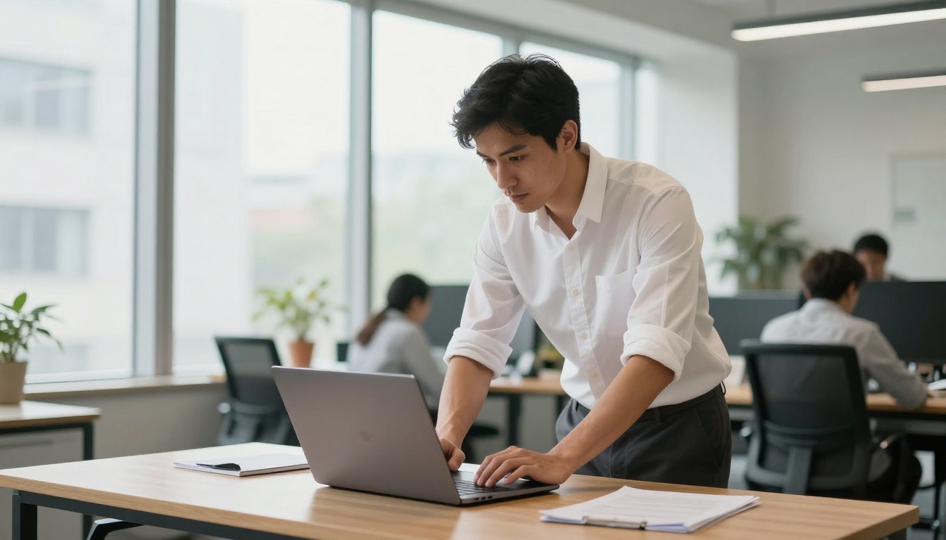 Professional man at a standing desk composing a post on his laptop in a bright modern office