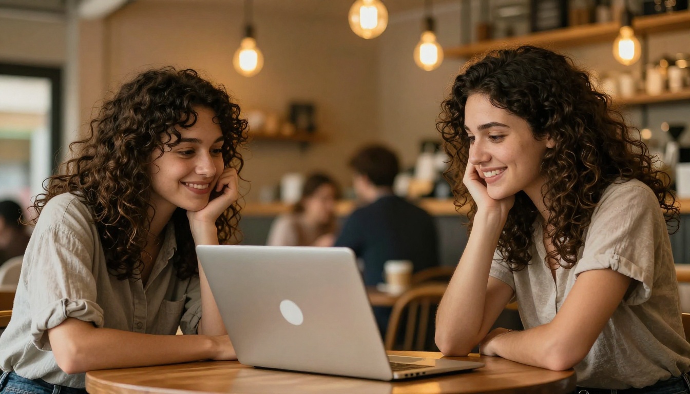 Two women collaborating over a laptop at a warm cozy coffee shop table