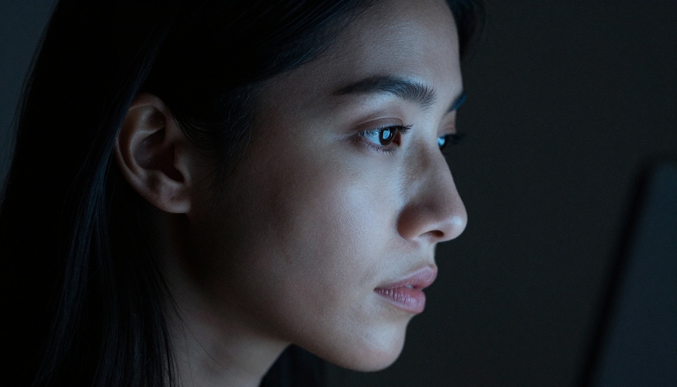 Woman's face dramatically lit by laptop screen glow in low light