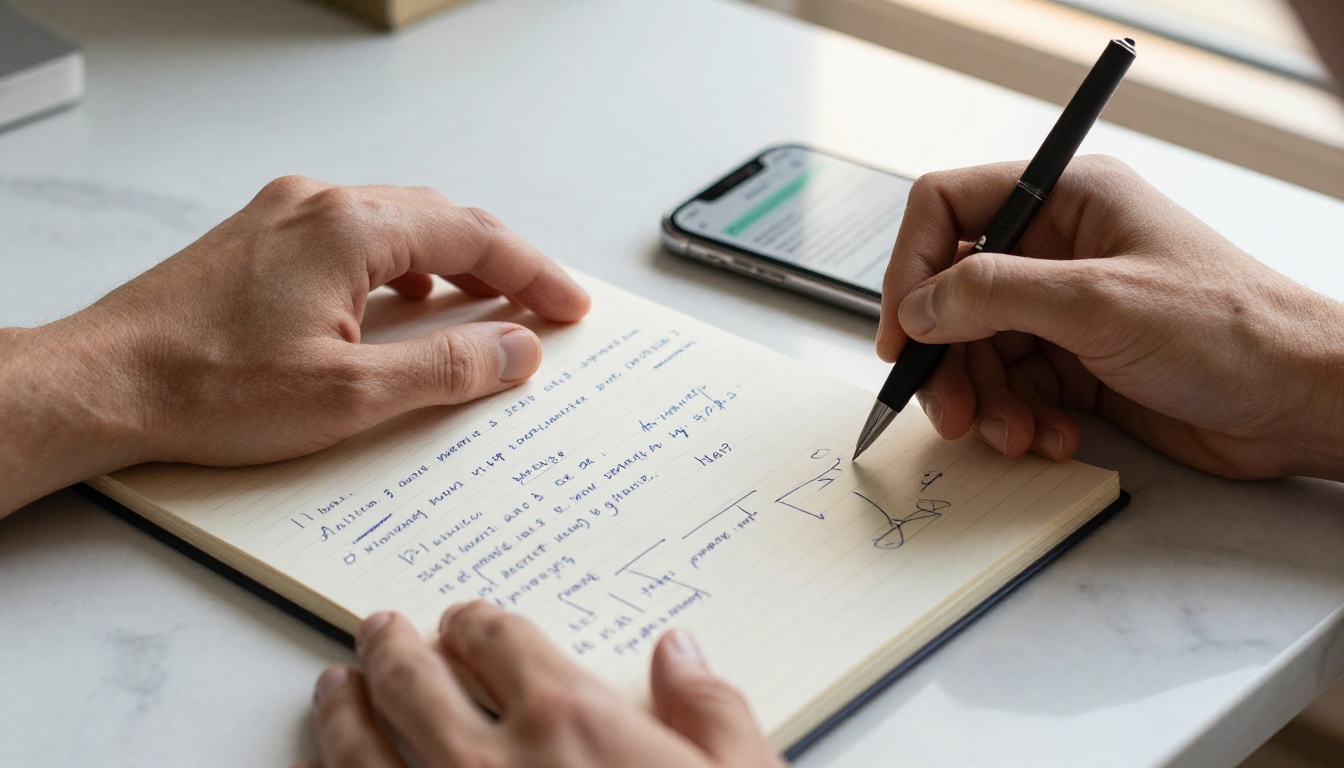 Hands writing notes beside a phone with AI chat