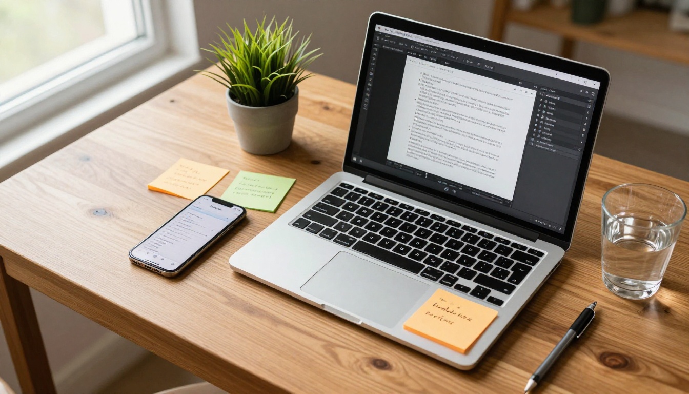 Overhead flat-lay of a content creator workspace with laptop, sticky notes, and smartphone