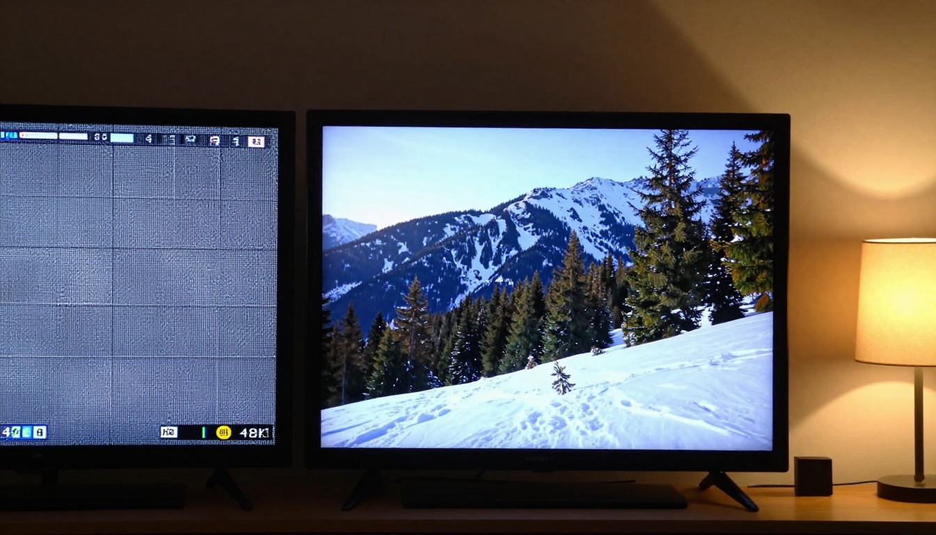 Side-by-side comparison of low-resolution and 4K-upscaled video footage on two screens