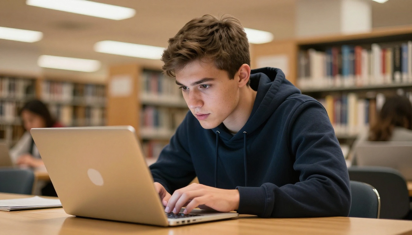 Student studying in library with laptop
