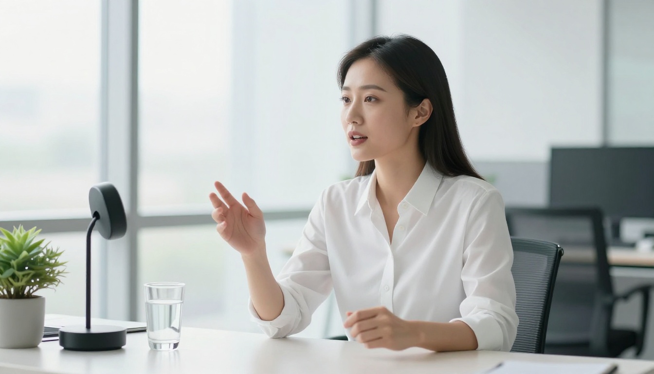 Professional woman speaking to voice assistant at desk