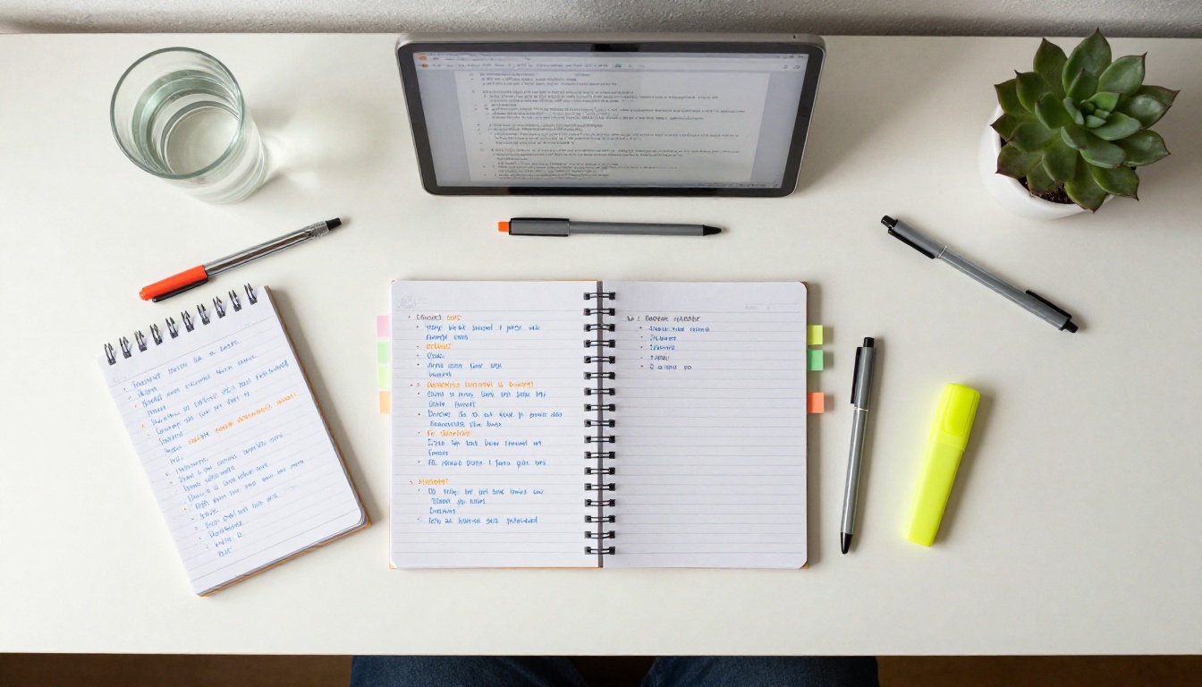 Overhead shot of organized study desk with tablet showing AI notes