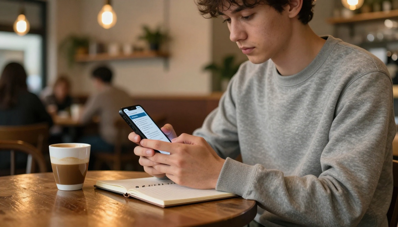 Student studying AI flashcard notes on phone at coffee shop