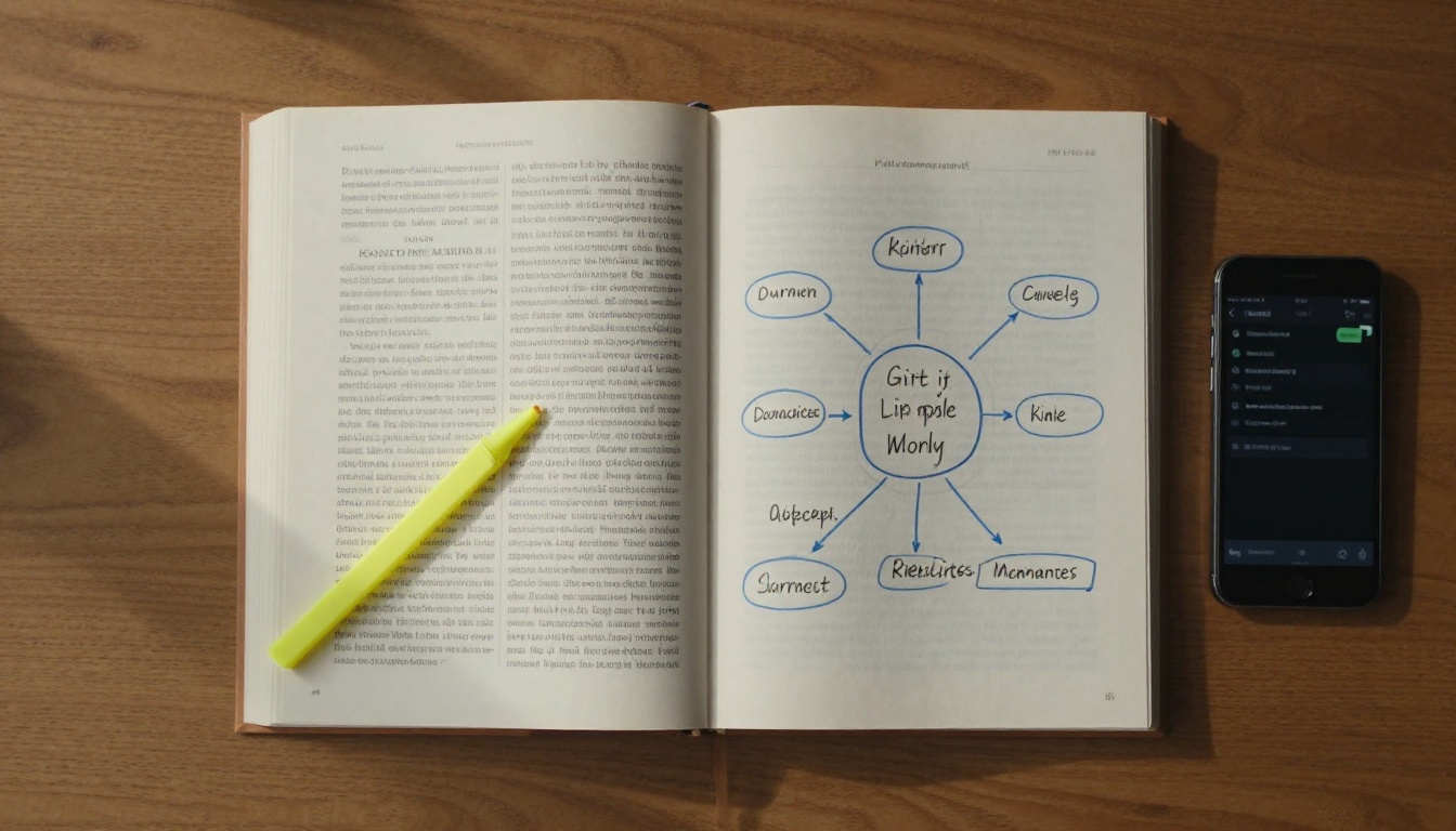 Open textbook with hand-drawn mind map on desk