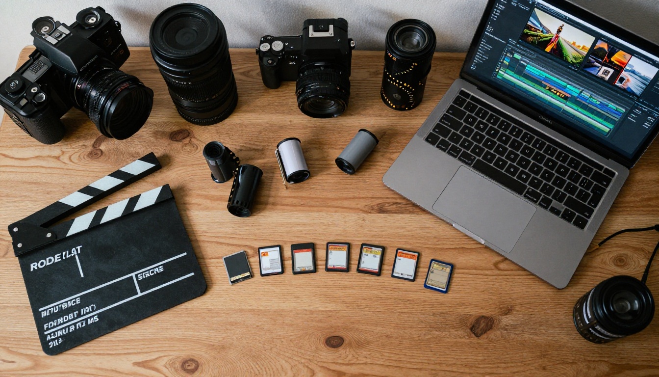 Aerial top-down view of filmmaker's desk with camera equipment and video editing setup