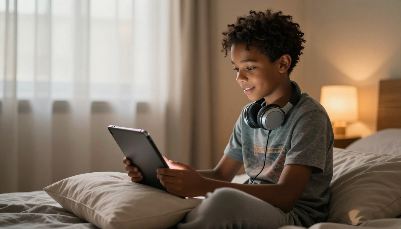 Teenager on bedroom floor understanding something on tablet
