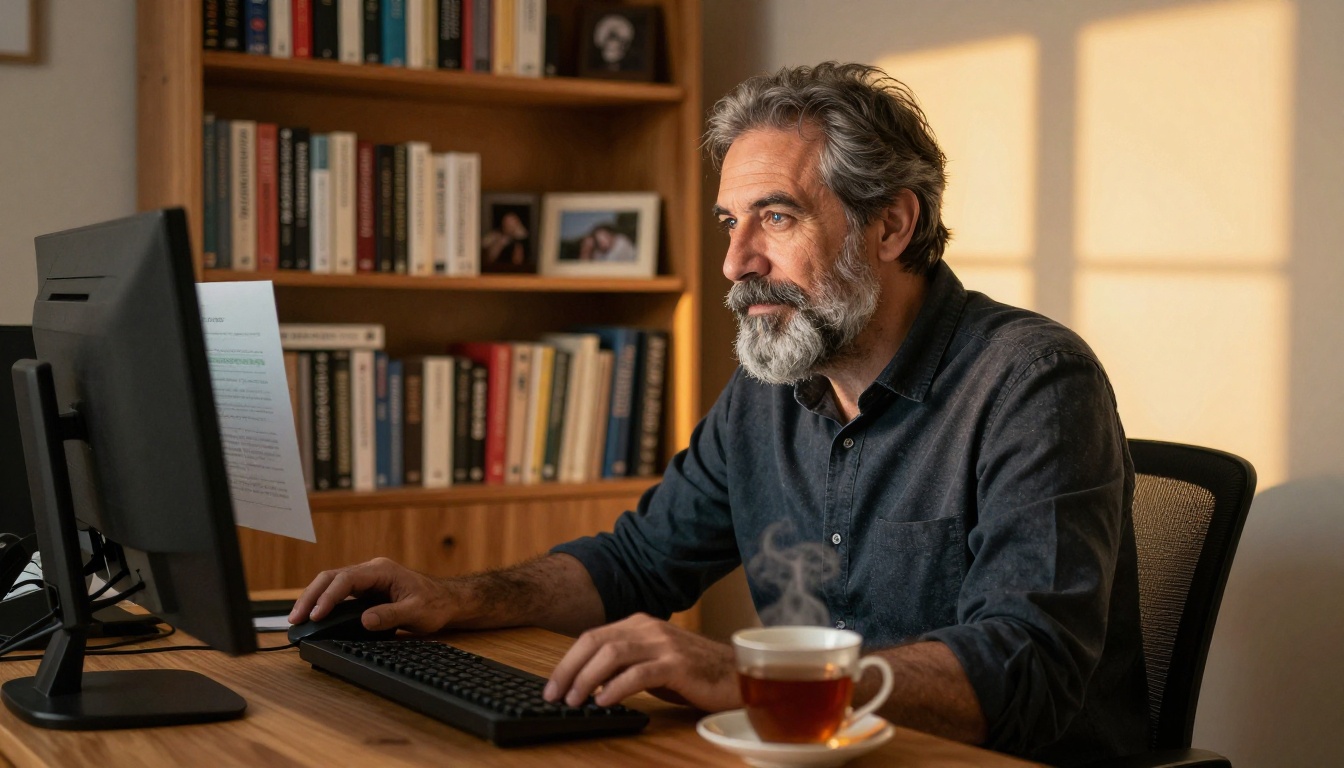Middle-aged man reading from monitor at home office desk