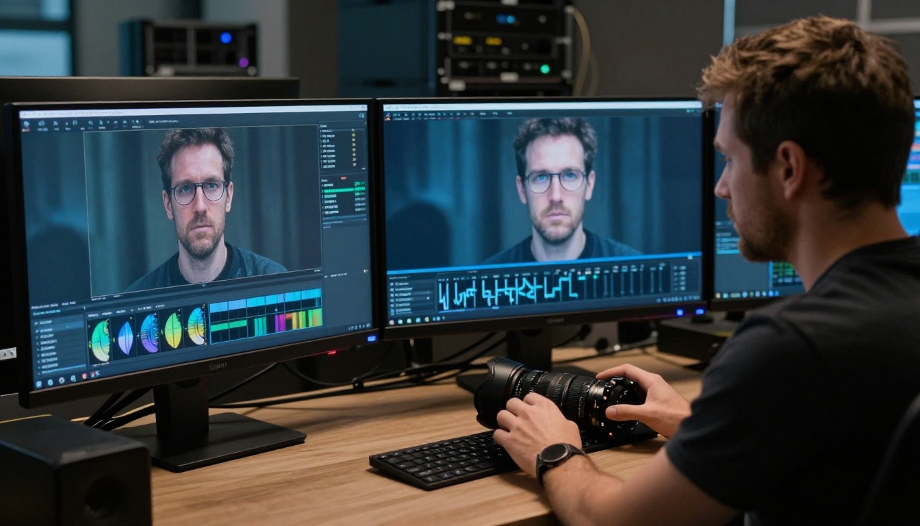 Professional videographer reviewing crisp 4K footage on large monitor in dark editing suite