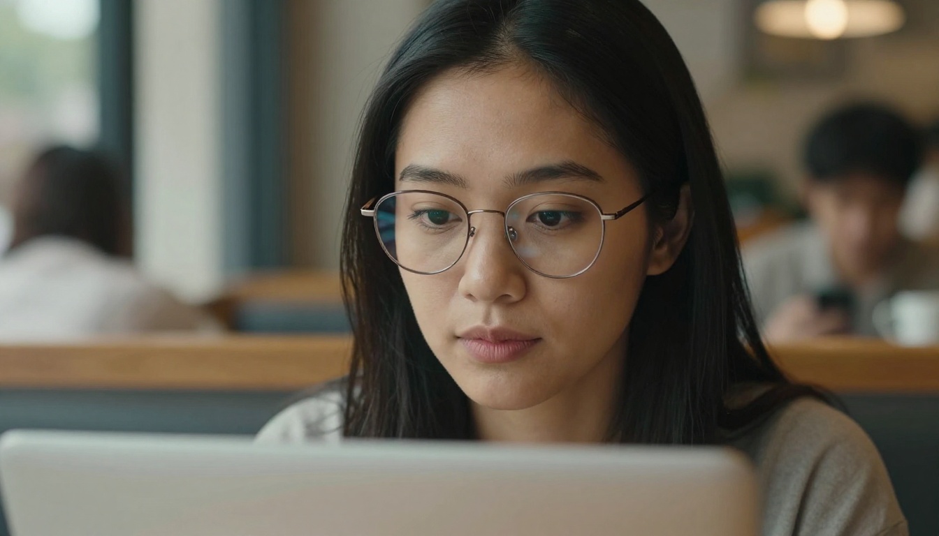 Woman in cafe with glasses looking at laptop with confidence