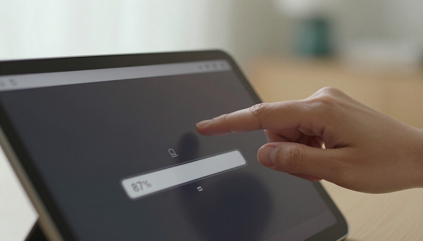 Woman uploading video file to AI platform via touchscreen tablet interface