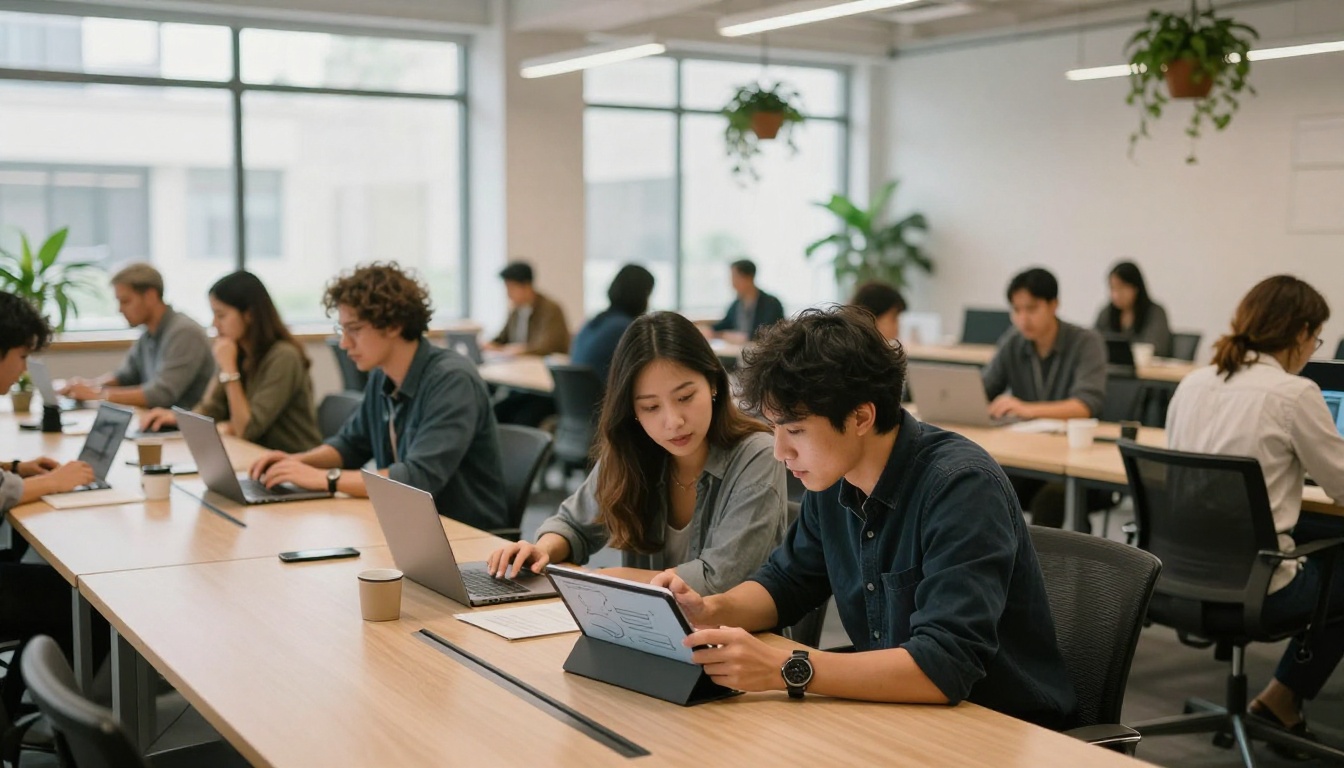 Diverse professionals collaborating over tablet in coworking space