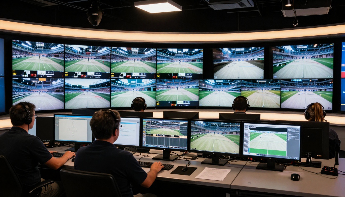 Broadcast television studio control room with operators at 4K monitoring workstations
