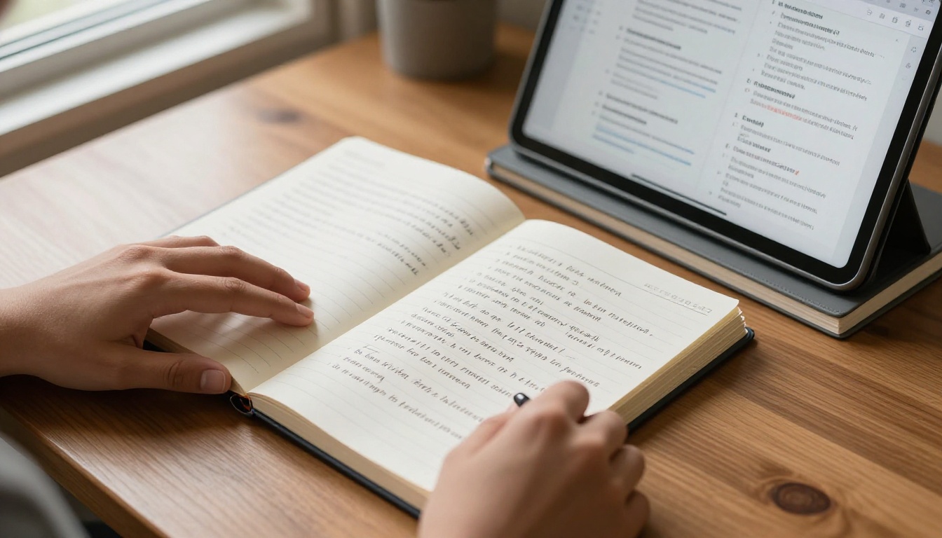 Student holding notebook beside tablet showing AI summary notes