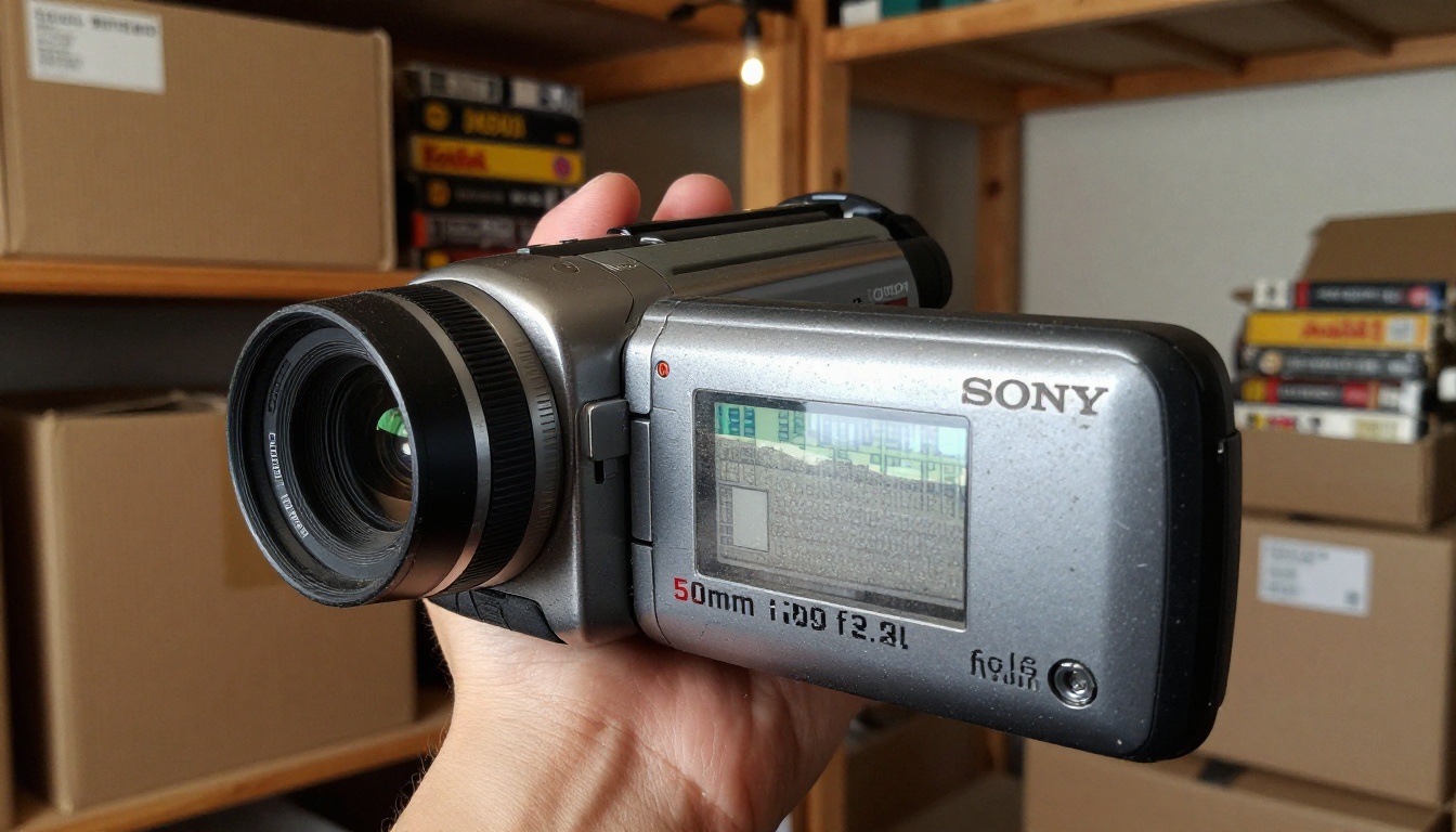 Old camcorder with blurry footage in a dim storage room