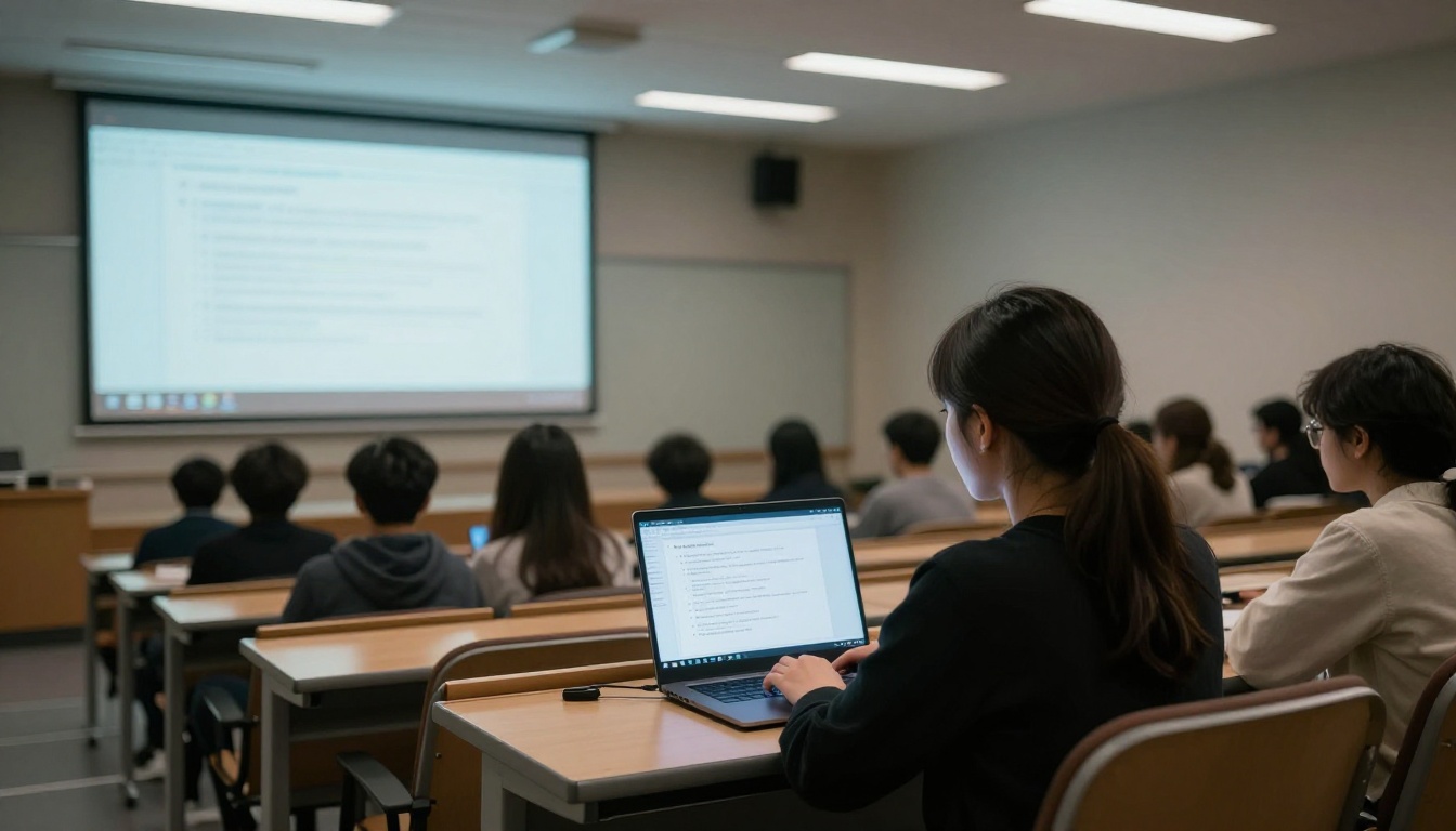 Student in university lecture hall using AI note-taking on laptop