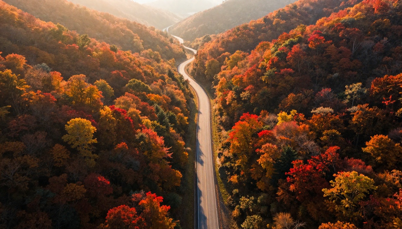 Aerial drone shot of winding mountain road through autumn forest in ultra-crisp 4K
