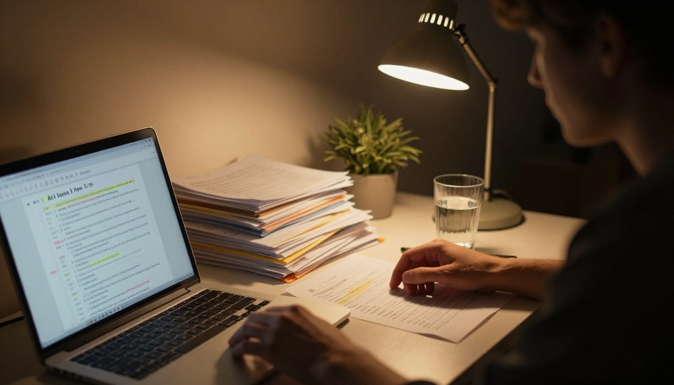 Person organizing AI study notes on laptop at night with desk lamp