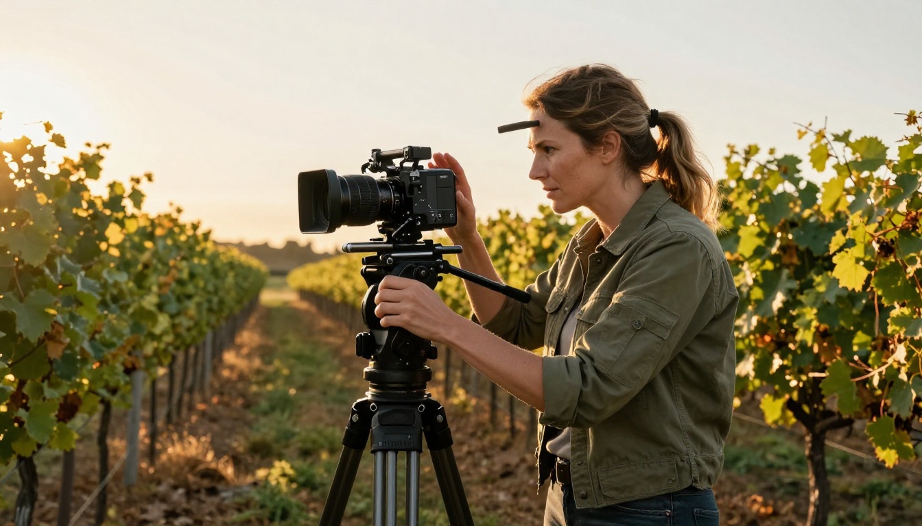 Professional female cinematographer reviewing sharp 4K footage on a field monitor in a vineyard