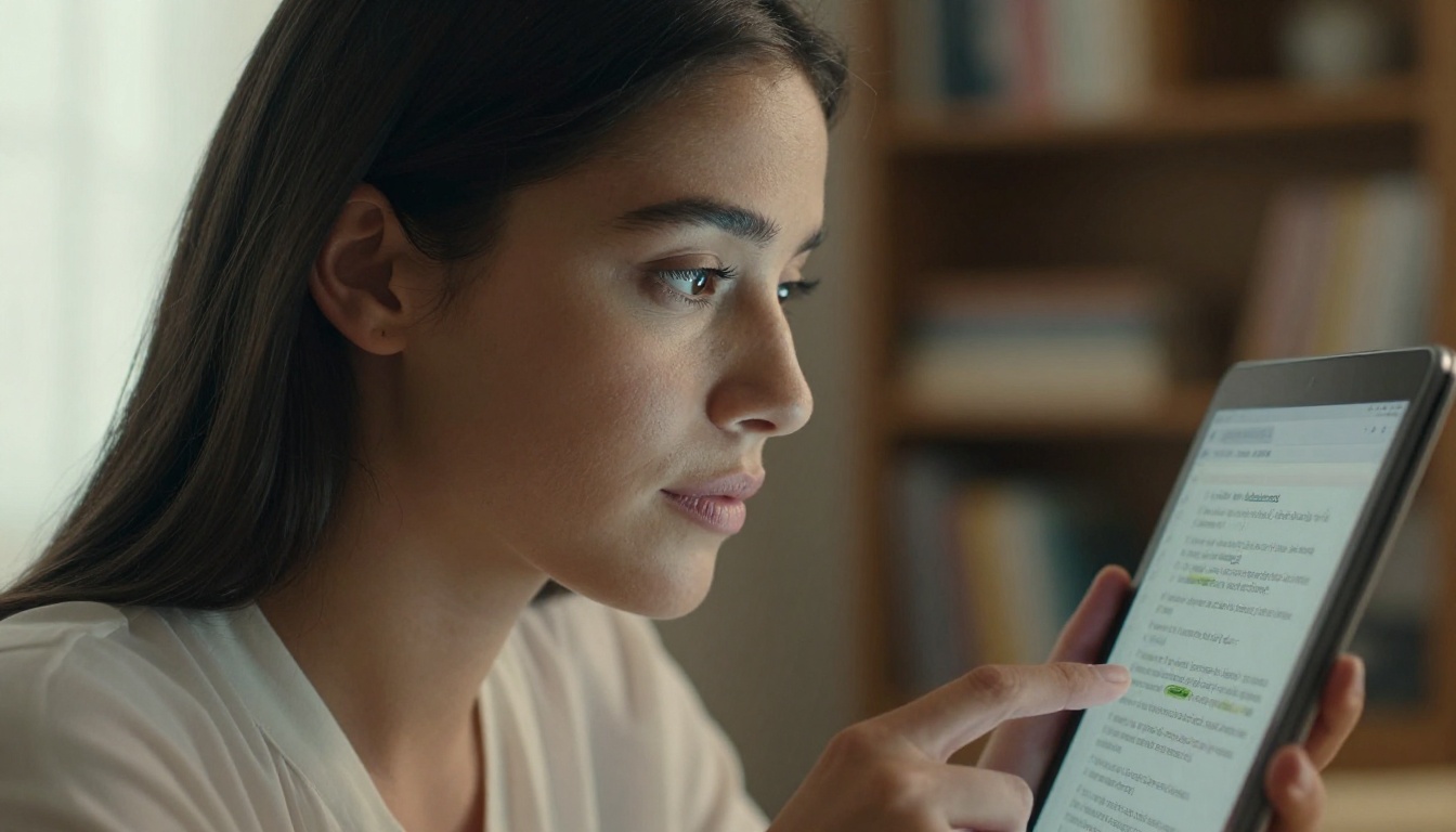Woman thoughtfully reading AI study notes on tablet