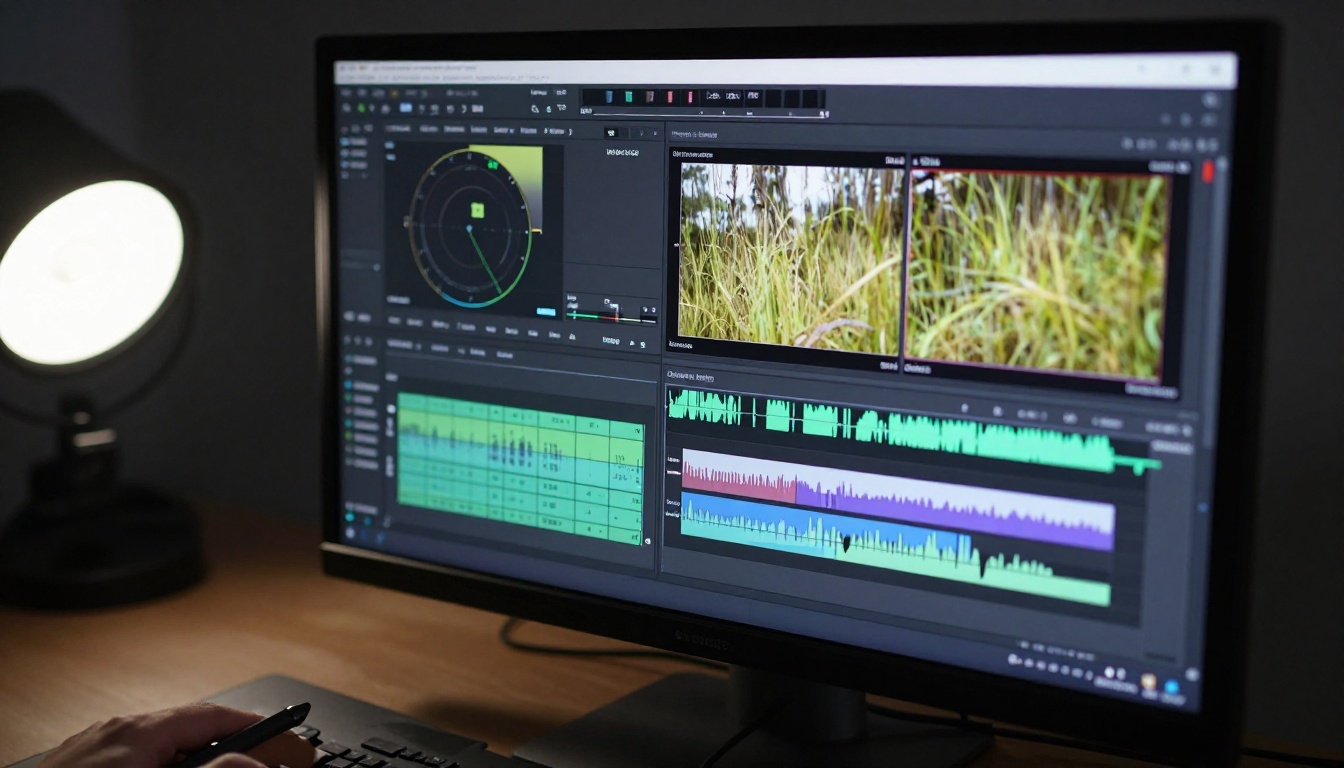 Close-up of a DaVinci Resolve monitor showing before and after video comparison with a Wacom tablet