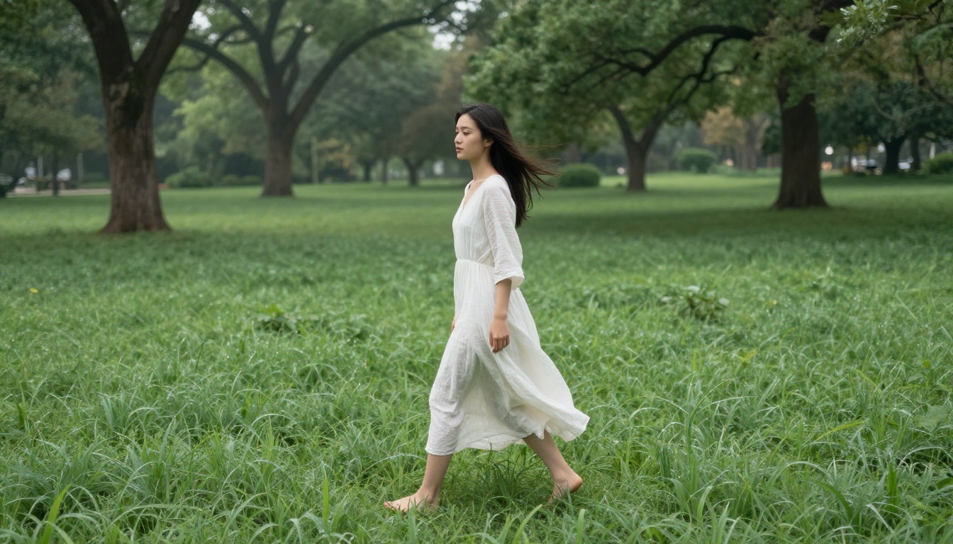 Young woman walking in sharp 8K detail through a lush green park in soft morning light