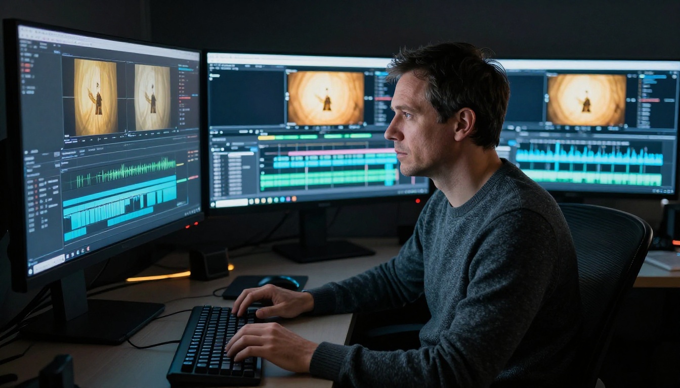 Male video editor at a professional dark editing suite surrounded by three monitors