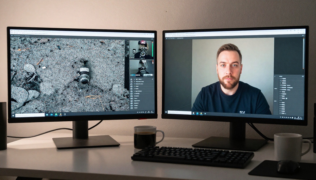 Split-screen comparison showing blurry vs AI-processed webcam feed