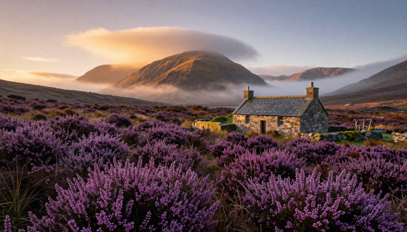 Sweeping photorealistic Scottish Highlands landscape at dawn with extraordinary sharpness across all focal planes