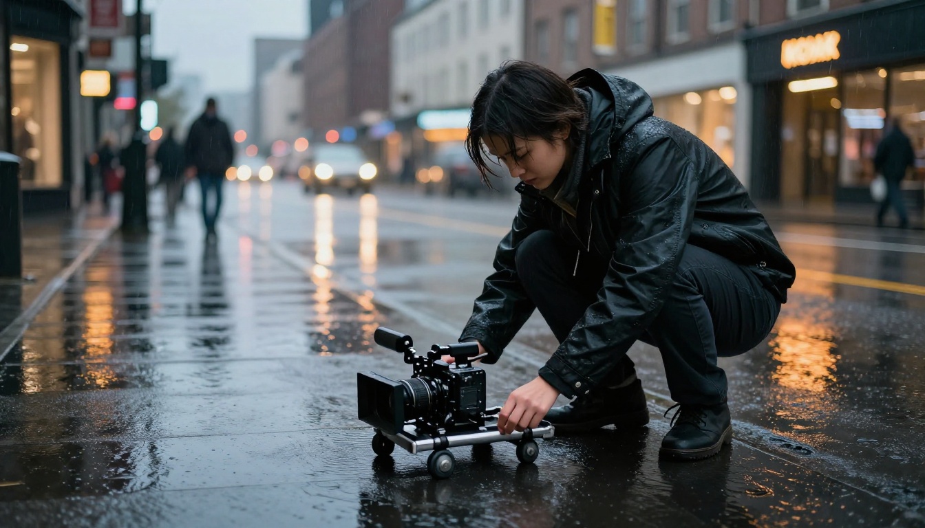 Filmmaker crouching on a rain-wet city street at dusk adjusting a cinema camera rig
