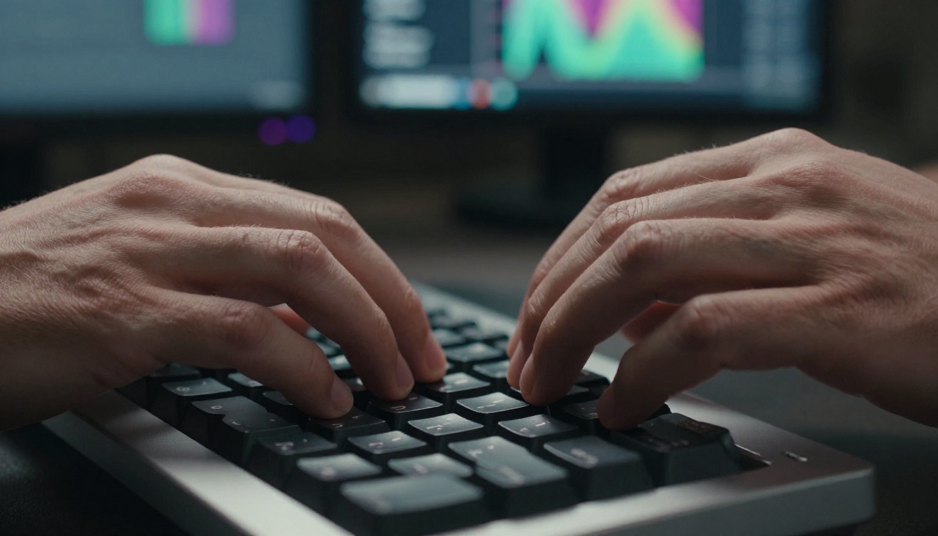 Close-up of hands typing on an aluminum mechanical keyboard in a dark professional studio with monitor glow