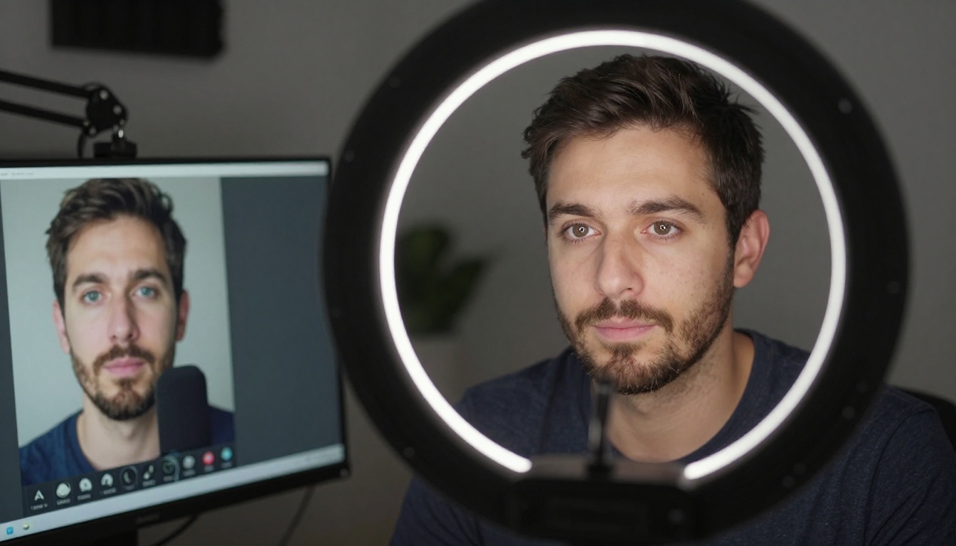Professional streaming setup with sharp webcam feed on monitor