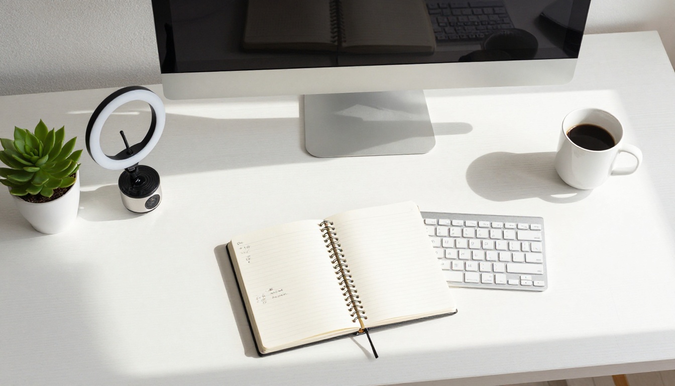 Overhead flat-lay of a minimal webcam desk setup with ring light and notebook