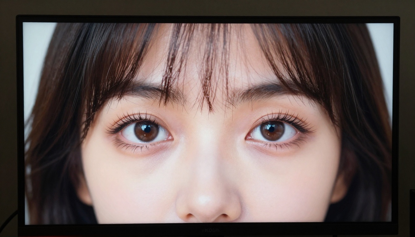 Monitor displaying a crystal-clear AI-sharpened webcam feed of a woman