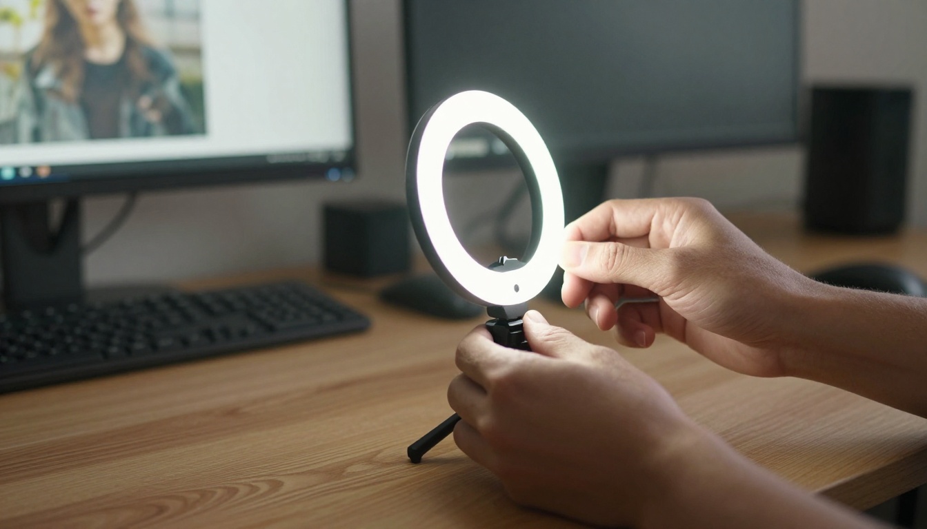 Person adjusting a ring light position in front of a webcam setup