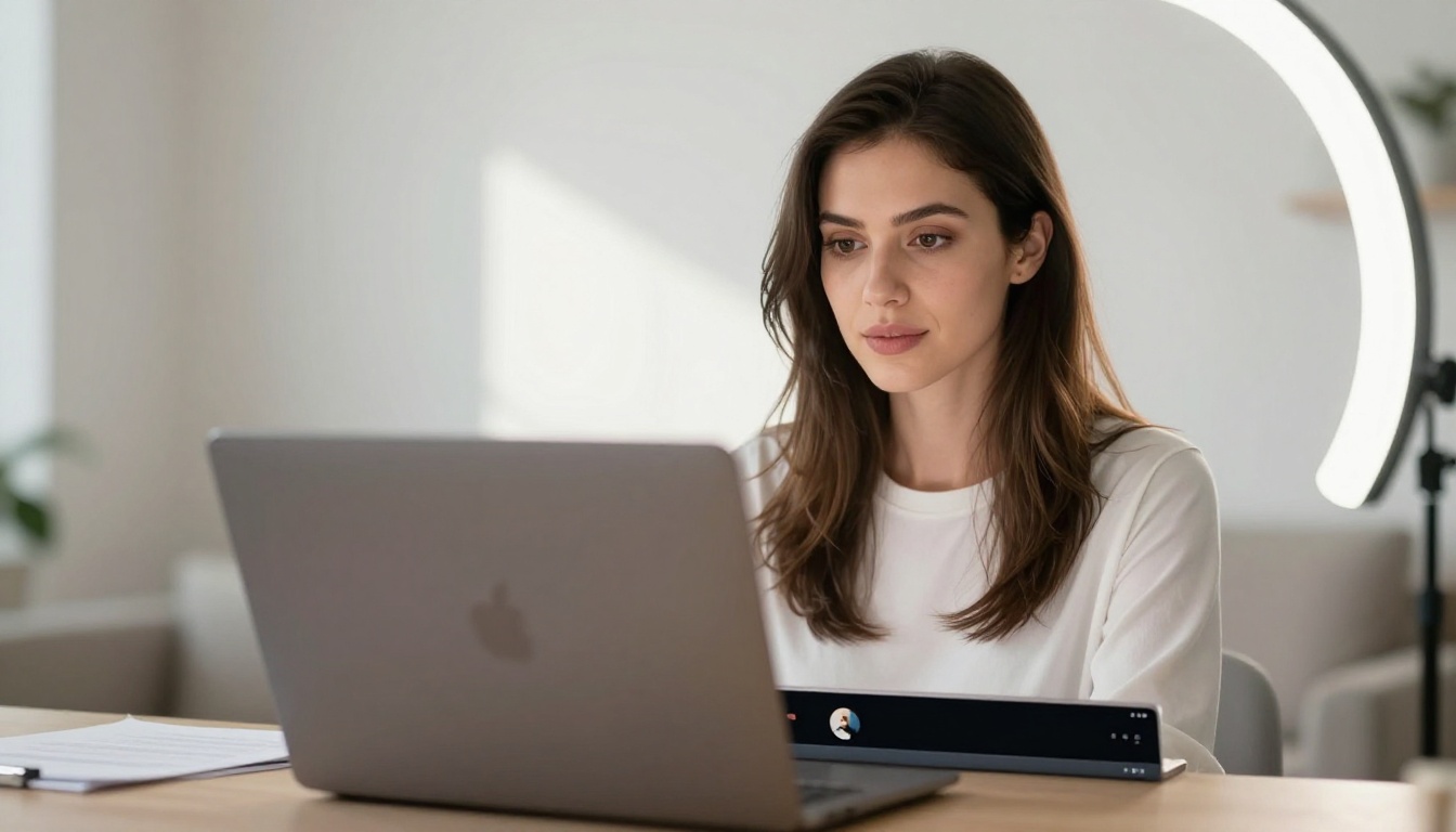 Woman on a video call with sharp crisp facial detail
