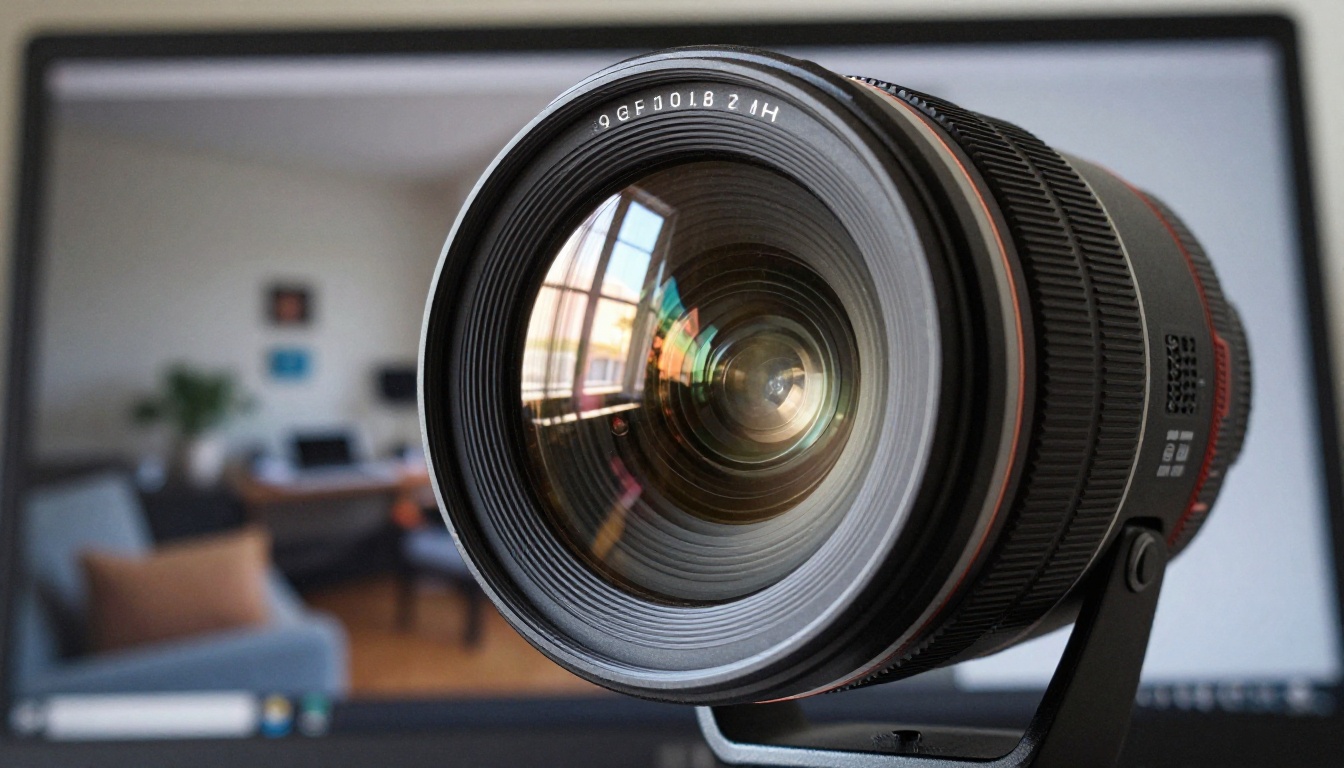Low-angle close-up of a premium webcam lens with dramatic directional light