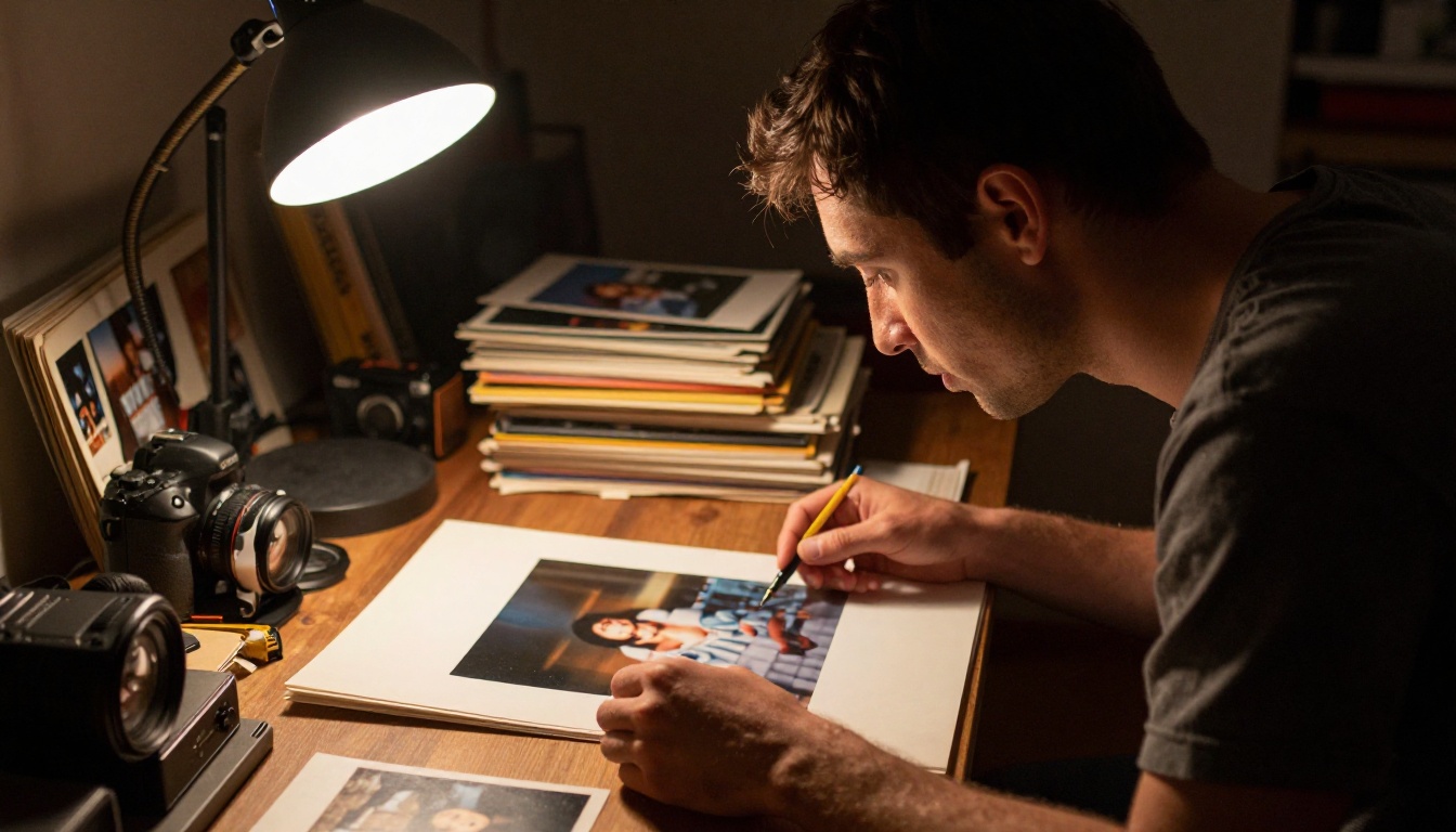 A photographer examining old photographs on a lightbox in a dimly lit home studio