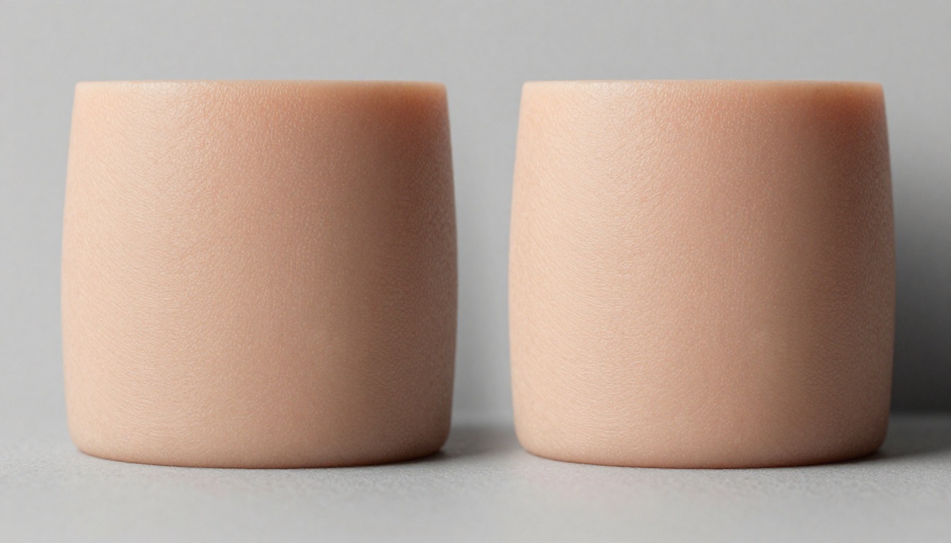 Macro close-up comparison of grainy versus restored photograph side by side on a neutral surface