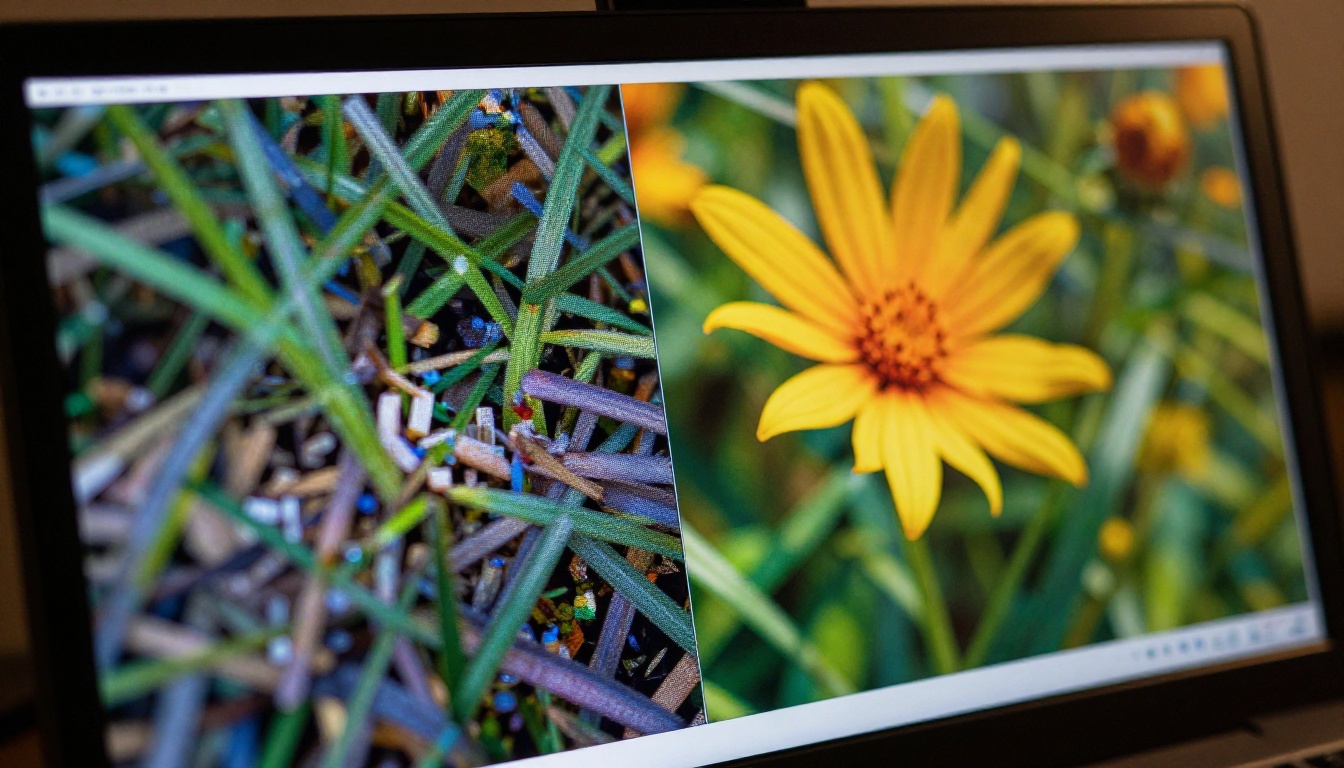 Close-up monitor showing before and after resolution comparison