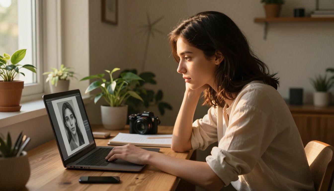 Young woman studying old black-and-white portrait restoration on laptop screen