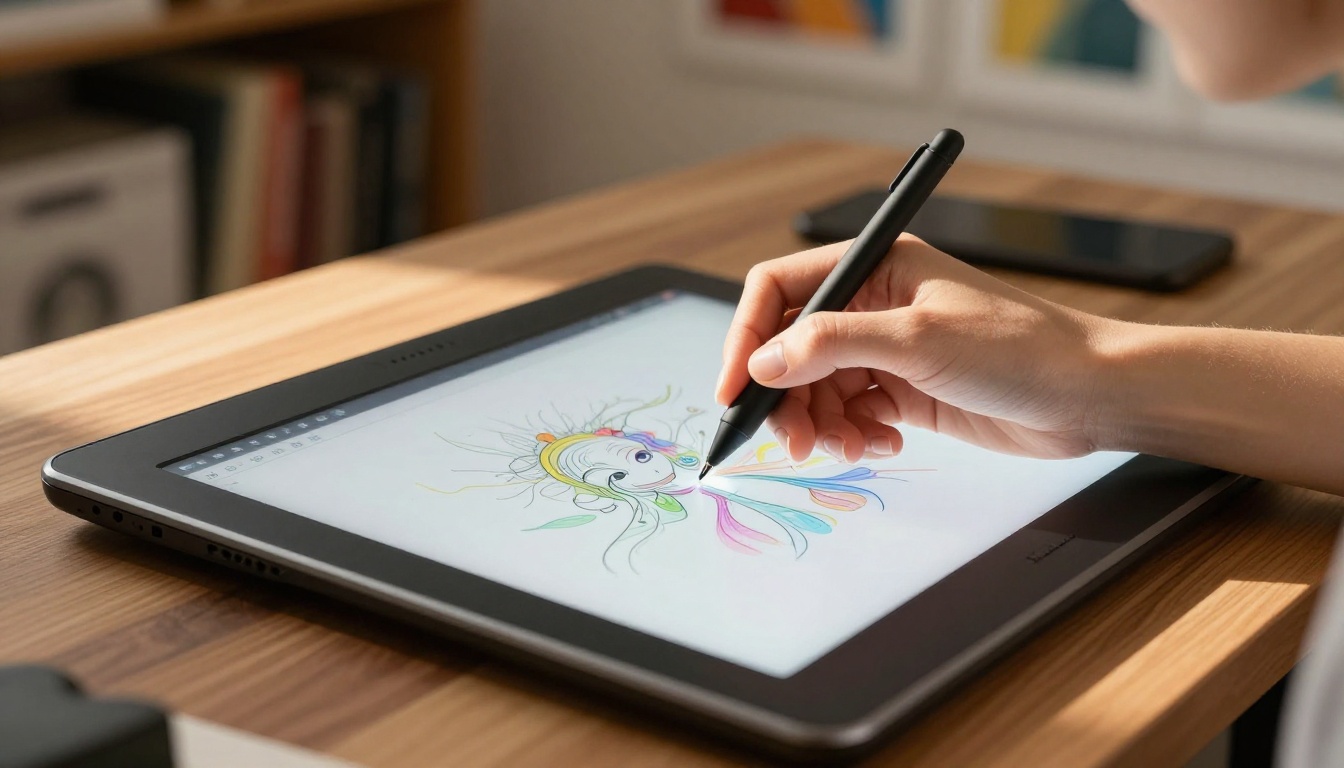Hands working on a professional Wacom drawing tablet in a warm creative studio
