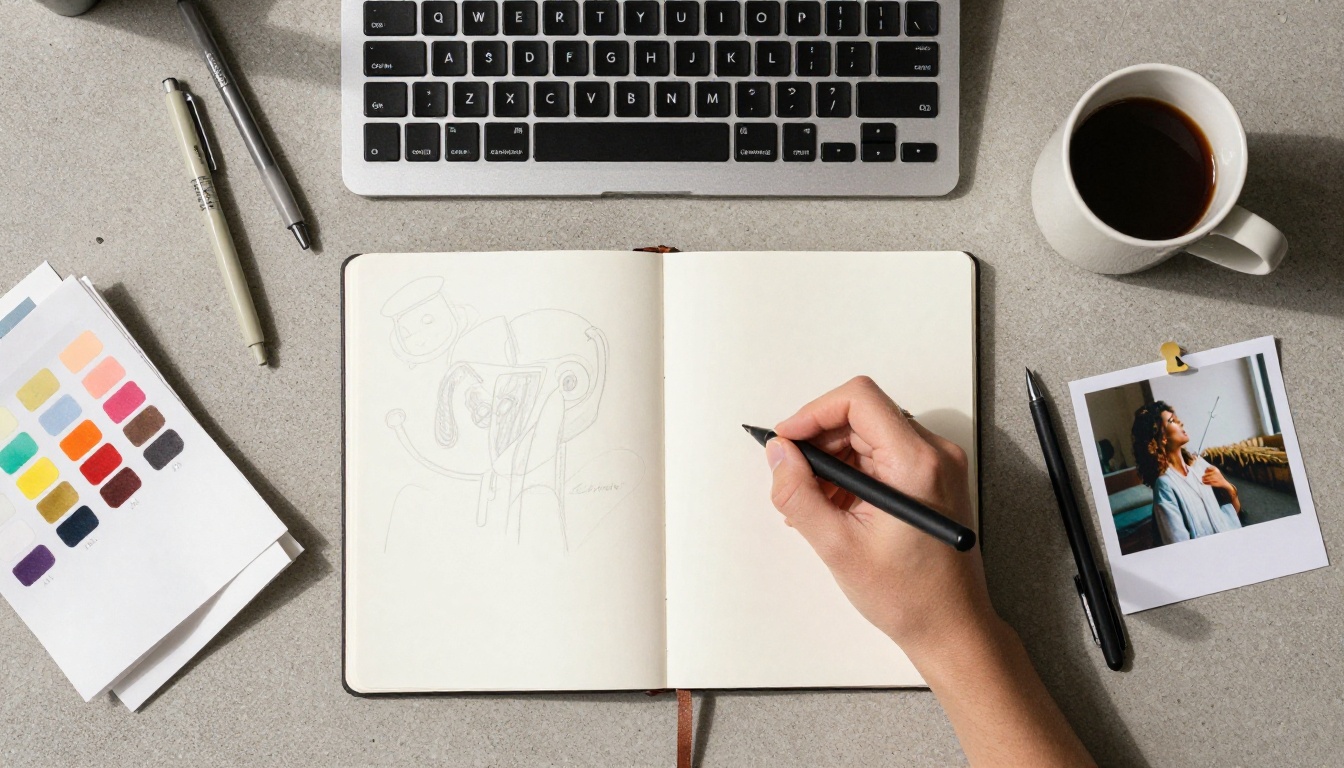 Aerial overhead view of a creative professional workspace with tablet, sketchbook, and pens
