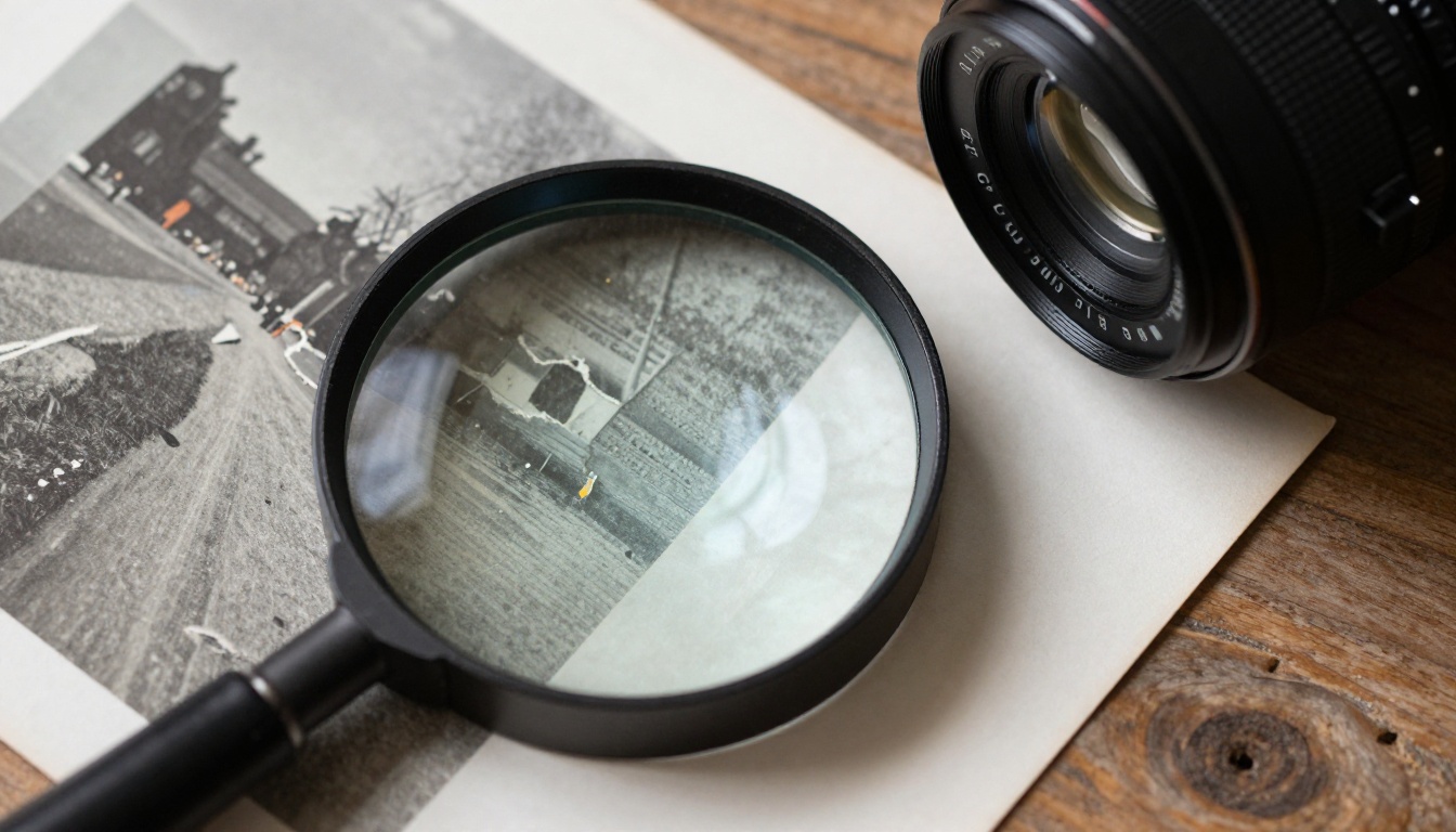 Aerial close-up of an old photograph with a magnifying glass revealing grain detail on wooden surface
