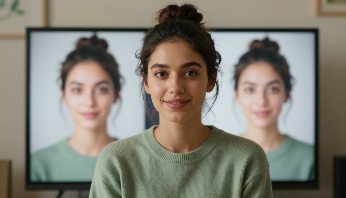 Portrait of a woman looking at detailed artwork on a monitor with genuine delight